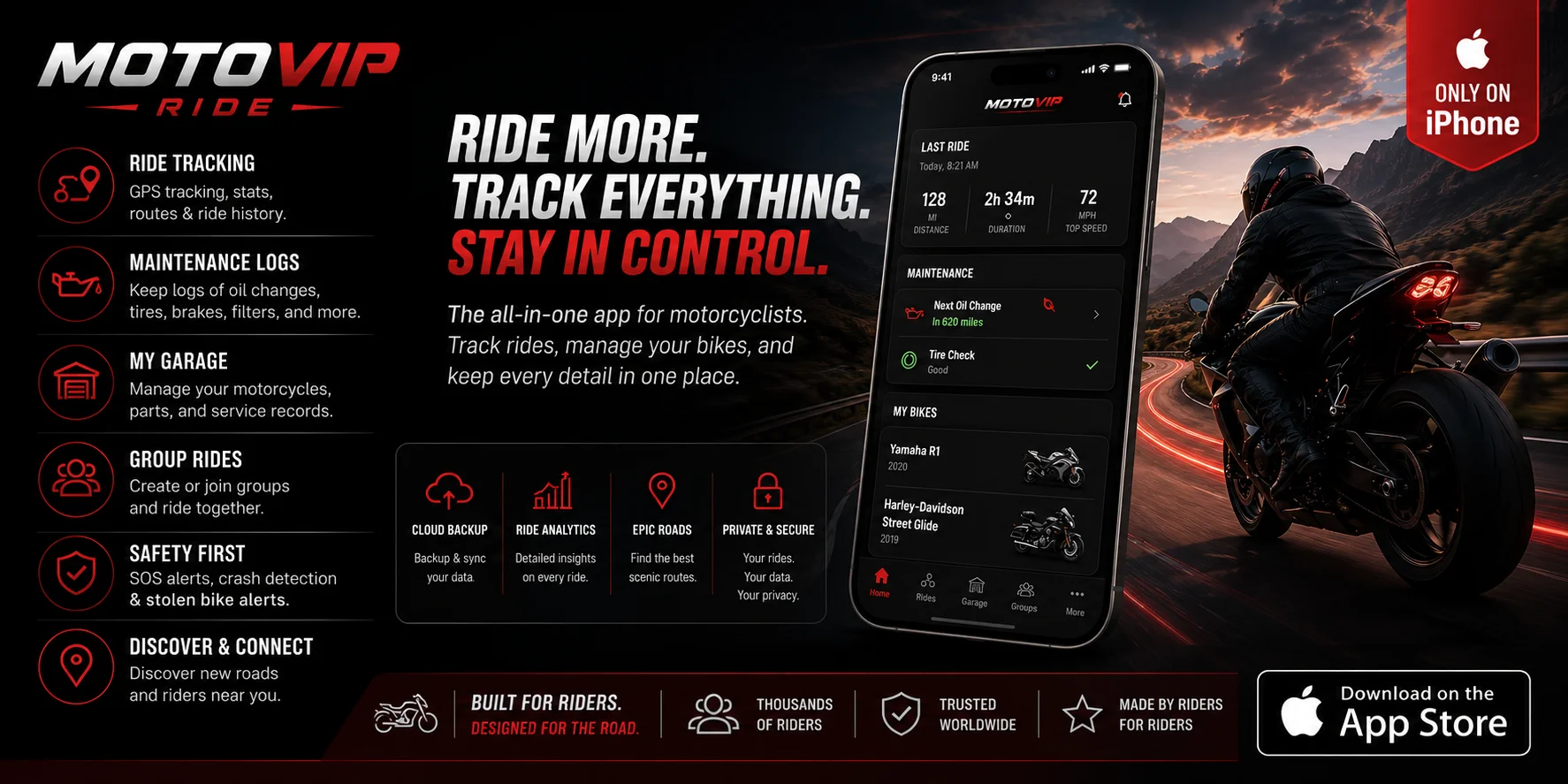 MotoVIP Ride — the all-in-one app for motorcyclists. Track rides, manage your bikes, and keep every detail in one place. Available on the App Store.